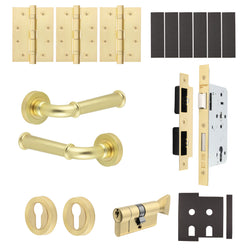 Claro Satin Brass Lever on Rose Door Handle Kit - Heavy Duty FD30/60 - DIN Euro Sashlock and Thumbturn Cylinder - Keyed Alike - tradefit