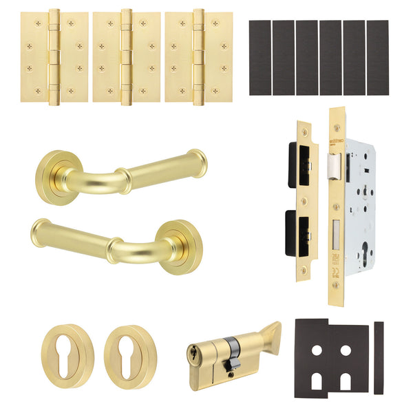 Claro Satin Brass Lever on Rose Door Handle Kit - Heavy Duty FD30/60 - DIN Euro Sashlock and Thumbturn Cylinder - Keyed Alike - tradefit - Featured Image