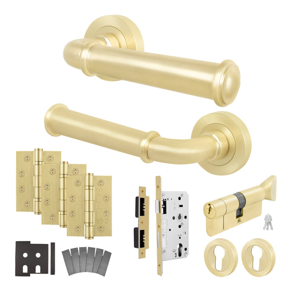 Claro Satin Brass Lever on Rose Door Handle Kit - Heavy Duty FD30/60 - DIN Euro Sashlock and Thumbturn Cylinder - Keyed Alike - tradefit - Featured Image