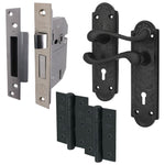 Black Iron Lever Door Handles on Backplate Retro Pattern 5 Lever Lock Set - 170 x 50mm - 66mm Lock x 76mm Hinges - tradefit - 1