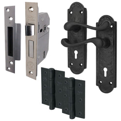 Black Iron Lever Door Handles on Backplate Retro Pattern 5 Lever Lock Set - 170 x 50mm - 66mm Lock x 76mm Hinges - tradefit