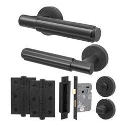 Flores Matt Black Lever on Rose Door Handle Kit - 64mm Bathroom Lock - tradefit