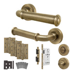 Claro Antique Brass Lever on Rose Door Handle Kit - Heavy Duty FD30/60 - DIN Bathroom Lock - tradefit - 1
