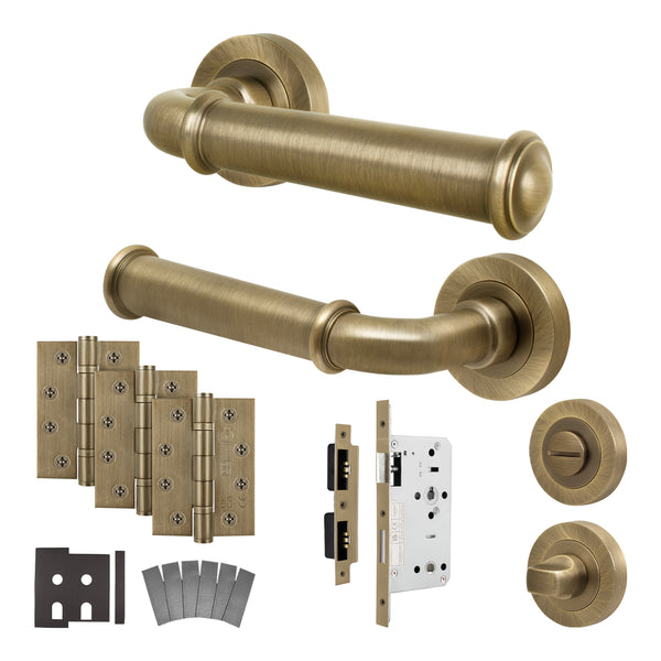 Claro Antique Brass Lever on Rose Door Handle Kit - Heavy Duty FD30/60 - DIN Bathroom Lock - tradefit - Featured Image