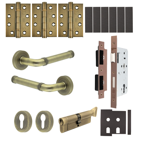 Santana Antique Brass Lever on Rose Door Handle Kit - Heavy Duty FD30/60 - DIN Euro Sashlock and Thumbturn Cylinder - Keyed to Differ - tradefit - Featured Image