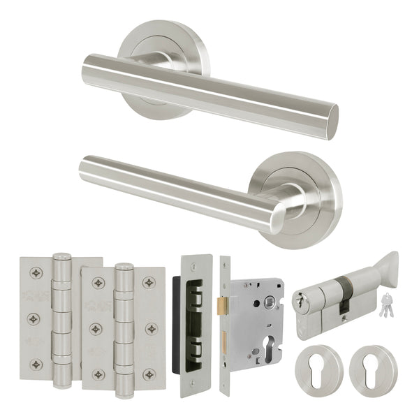 Olbia Satin Nickel Lever on Rose Door Handle Kit - 80mm Euro Sashlock and Thumbturn Cylinder - Master Keyed - tradefit - Featured Image
