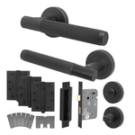 Aurora Matt Black Lever on Rose Door Handle Kit - Medium Duty FD30/60 - 80mm Bathroom Lock - 1
