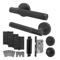 Aurora Matt Black Lever on Rose Door Handle Kit - Medium Duty FD30/60 - 80mm Bathroom Lock