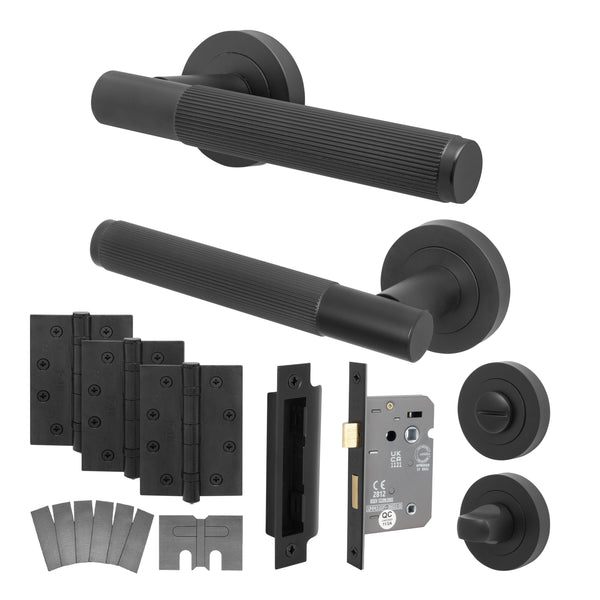 Aurora Matt Black Lever on Rose Door Handle Kit - Medium Duty FD30/60 - 80mm Bathroom Lock - Featured Image