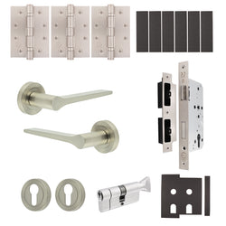 Tapera Satin Nickel Lever on Rose Door Handle Kit - Heavy Duty FD30/60 - DIN Euro Sashlock and Thumbturn Cylinder - Keyed to Differ - tradefit