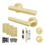 Moreno Satin Brass Lever on Rose Door Handle Kit - Heavy Duty FD30/60 - DIN Bathroom Lock - tradefit - 1