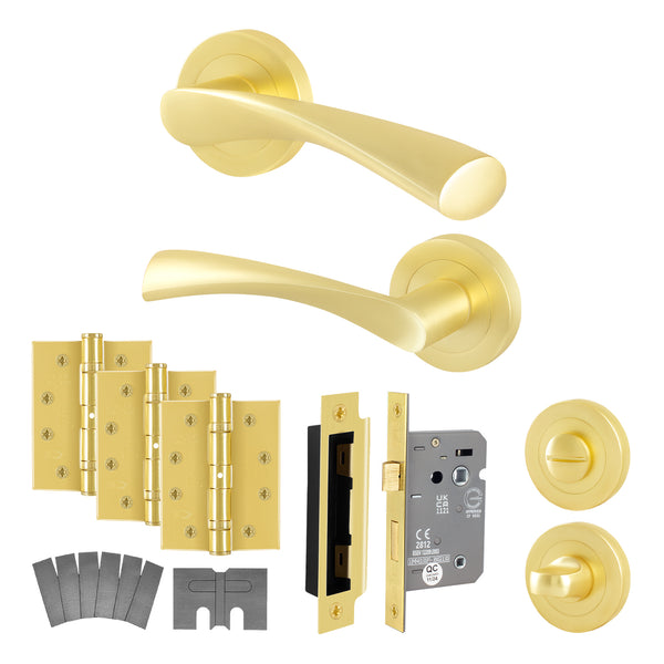 Nola Satin Brass Lever on Rose Door Handle Kit - Standard Duty FD30/60 - 80mm Bathroom Lock - tradefit - Featured Image