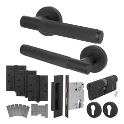 Dumont Matt Black Lever on Rose Door Handle Kit - Medium Duty FD30/60 - 80mm Euro Sashlock and Double Cylinder - Keyed to Differ - tradefit