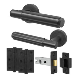 Flores Matt Black Lever on Rose Door Handle Kit - 64mm Latch - tradefit