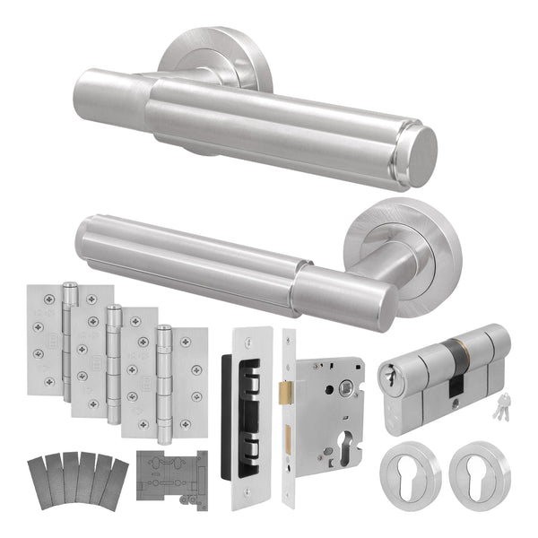 Flores Satin Nickel Lever on Rose Door Handle Kit - Medium Duty FD30/60 - 80mm Euro Sashlock and Double Cylinder - Keyed to Differ - tradefit - Featured Image