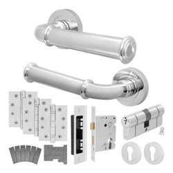 Claro Polished Chrome Lever on Rose Door Handle Kit - Medium Duty FD30/60 - 80mm Euro Sashlock and Double Cylinder - Master Keyed