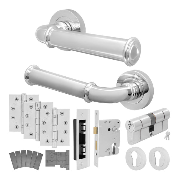 Claro Polished Chrome Lever on Rose Door Handle Kit - Medium Duty FD30/60 - 80mm Euro Sashlock and Double Cylinder - Keyed to Differ - tradefit - Featured Image