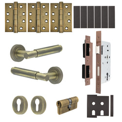 Flores Antique Brass Lever on Rose Door Handle Kit - Heavy Duty FD30/60 - DIN Euro Sashlock and Double Cylinder - Keyed Alike - tradefit
