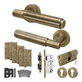 Flores Antique Brass Lever on Rose Door Handle Kit - Heavy Duty FD30/60 - DIN Euro Sashlock and Double Cylinder - Keyed Alike