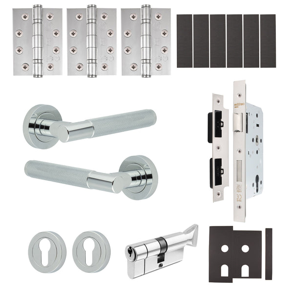 Dumont Polished Chrome Lever on Rose Door Handle Kit - Heavy Duty FD30/60 - DIN Euro Sashlock and Thumbturn Cylinder - Keyed Alike - tradefit - Featured Image