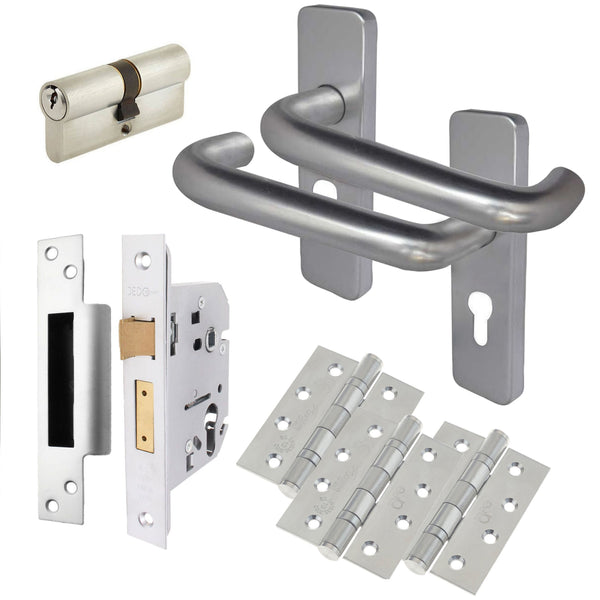 Return To Door Lever Handle - Euro Cylinder Lock Kit - 153mm - Satin Aluminium - tradefit - Featured Image