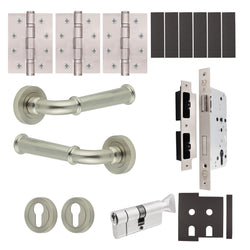 Claro Satin Nickel Lever on Rose Door Handle Kit - Heavy Duty FD30/60 - DIN Euro Sashlock and Thumbturn Cylinder - Keyed to Differ - tradefit