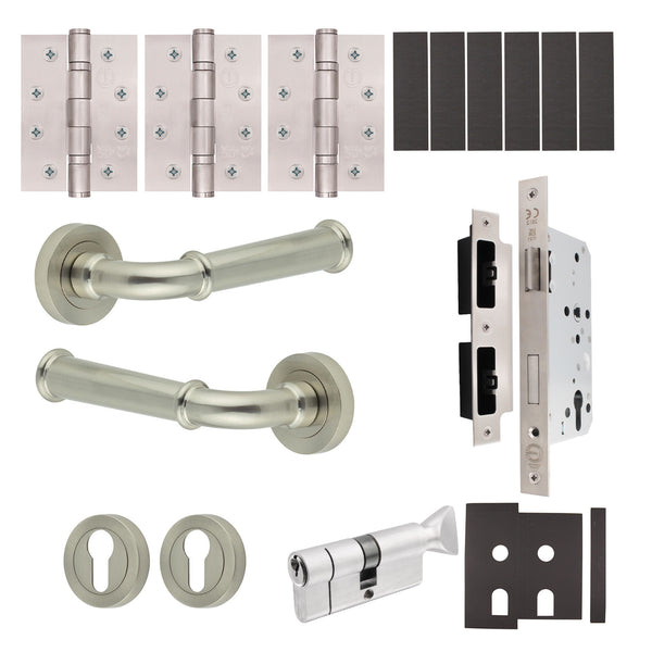 Claro Satin Nickel Lever on Rose Door Handle Kit - Heavy Duty FD30/60 - DIN Euro Sashlock and Thumbturn Cylinder - Keyed to Differ - tradefit - Featured Image