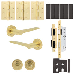 Tapera Satin Brass Lever on Rose Door Handle Kit - Heavy Duty FD30/60 - DIN Bathroom Lock - tradefit