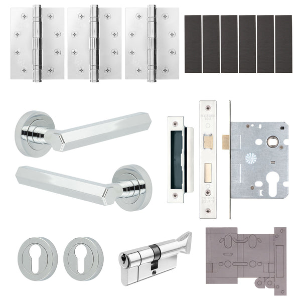 Moreno Polished Chrome Lever on Rose Door Handle Kit - Medium Duty FD30/60 - 80mm Euro Sashlock and Thumbturn Cylinder - Keyed Alike - tradefit - Featured Image