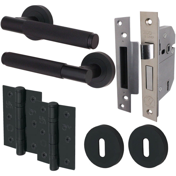Dinis Knurled Matt Black Lever on Rose Door Handle Pack - BS3621 5 Lever Sashlock - tradefit - Featured Image