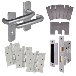 Satin Aluminium Return to Door Handle Fire Door Pack - 3 Lever Sashlock - FD30/60 - tradefit