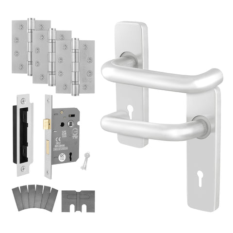 Return to Door Lever on Backplate Satin Aluminium Door Handle Kit - Medium Duty FD30/60 - 80mm Sashlock - tradefit