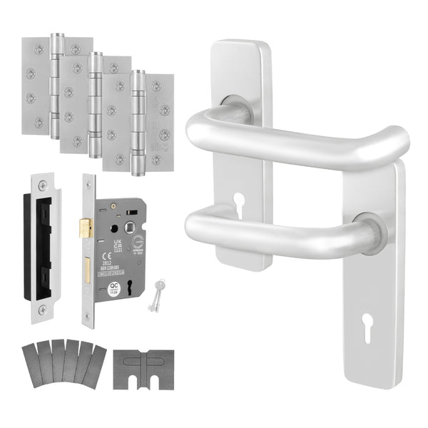 Return to Door Lever on Backplate Satin Aluminium Door Handle Kit - Medium Duty FD30/60 - 80mm Sashlock - tradefit - Featured Image