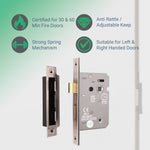 Mortice Fire Rated Bathroom Lock - 64mm Case Size - 44mm Backset - Satin Nickel - tradefit - 3