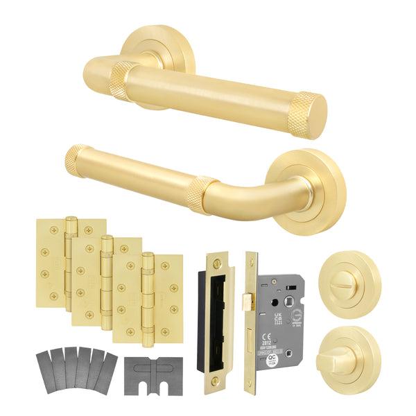 Santana Satin Brass Lever on Rose Door Handle Kit - Medium Duty FD30/60 - 80mm Bathroom Lock - tradefit - Featured Image
