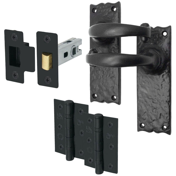 Black Iron Lever Door Handles on Backplate Traditional Canterbury Pattern Latch Pack - 155x52mm - 66mm Latch x 76mm Hinges - Black Antique Iron - tradefit - Featured Image