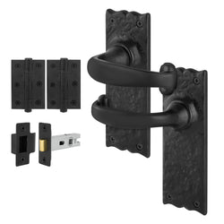 Black Iron Lever Door Handles on Backplate Traditional Canterbury Pattern Latch Pack - 155x52mm - 64mm Latch x 76mm Hinges - Black Antique Iron - tradefit