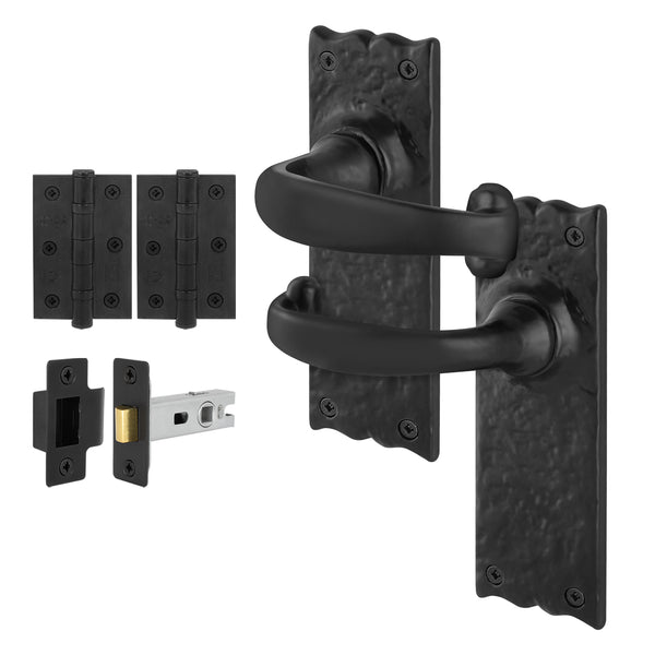 Black Iron Lever Door Handles on Backplate Traditional Canterbury Pattern Latch Pack - 155x52mm - 64mm Latch x 76mm Hinges - Black Antique Iron - tradefit - Featured Image