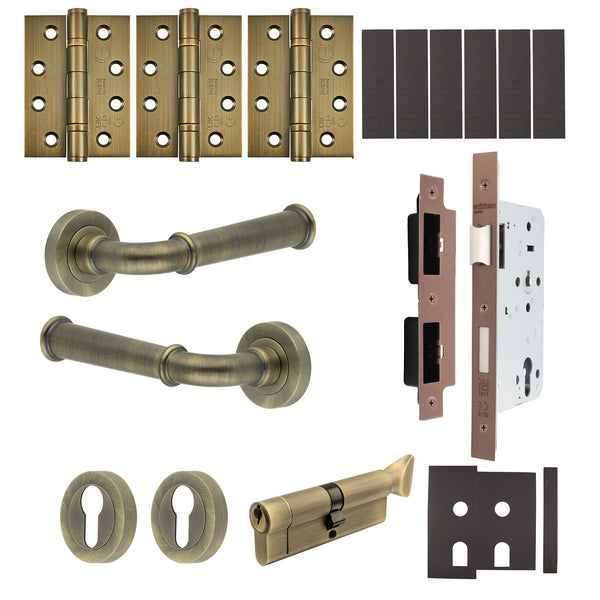 Claro Antique Brass Lever on Rose Door Handle Kit - Heavy Duty FD30/60 - DIN Euro Sashlock and Thumbturn Cylinder - Master Keyed - tradefit - Featured Image