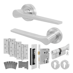 Tapera Satin Nickel Lever on Rose Door Handle Kit - Medium Duty FD30/60 - 80mm Euro Sashlock and Thumbturn Cylinder - Keyed to Differ - tradefit