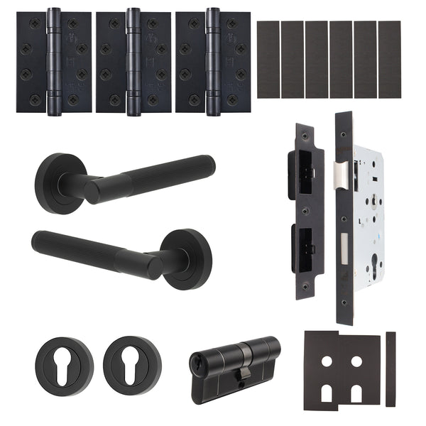 Aurora Matt Black Lever on Rose Door Handle Kit - Heavy Duty FD30/60 - DIN Euro Sashlock and Double Cylinder - Keyed to Differ - tradefit - Featured Image