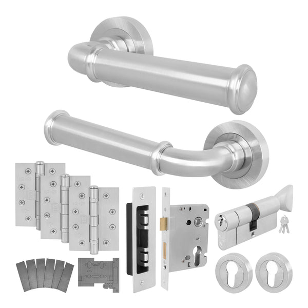 Claro Satin Nickel Lever on Rose Door Handle Kit - Medium Duty FD30/60 - 80mm Euro Sashlock and Thumbturn Cylinder - Keyed to Differ - tradefit - Featured Image