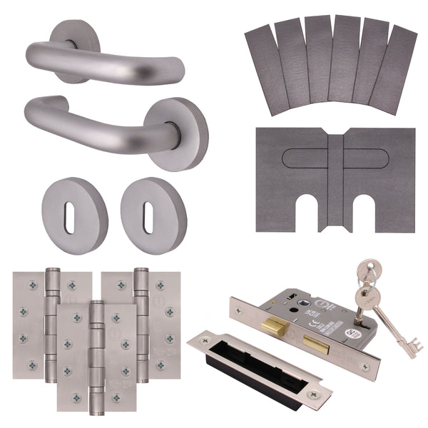 Satin Aluminium Return to Door Handle on Rose Fire Door Pack - 3 Lever Sashlock - FD30/60 - tradefit - Featured Image