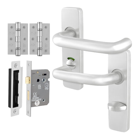 Return to Door Lever on Backplate Satin Aluminium Door Handle Kit - Medium Duty - 80mm Bathroom Lock - tradefit