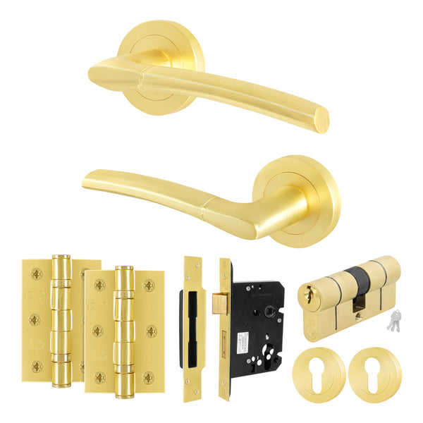 Bosa Satin Brass Lever on Rose Door Handle Kit - 80mm Euro Sashlock and Double Cylinder - Keyed Alike - tradefit - Featured Image
