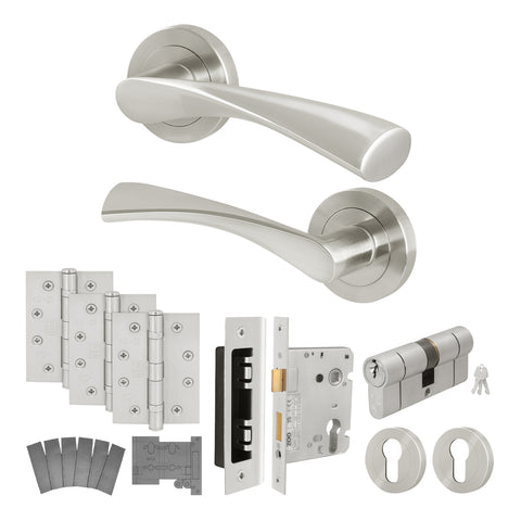 Nola Satin Nickel Door Handle Euro Lock Kit - Fire Rated FD30/60 - 78mm Euro Lock and Double Cylinder - Keyed Alike - tradefit