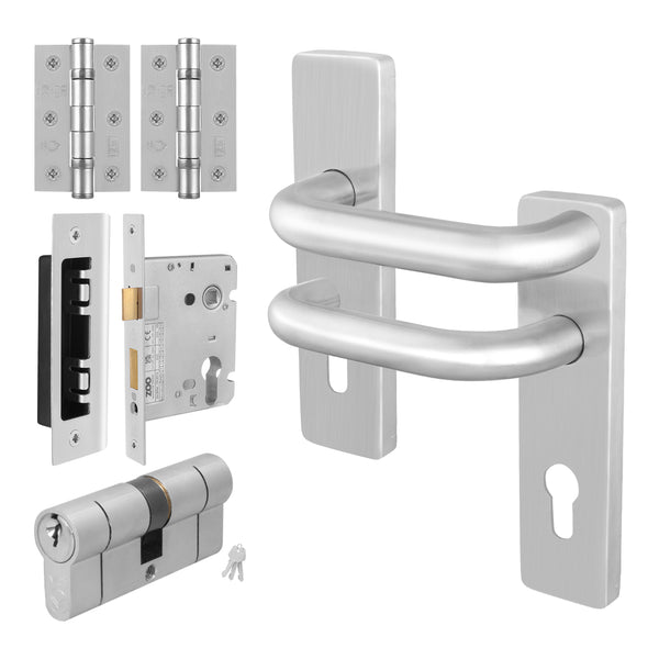 Return to Door Lever on Backplate Stainless Steel Door Handle Kit - Medium Duty - 80mm Euro Sashlock and Double Cylinder - Master Keyed - tradefit - Featured Image