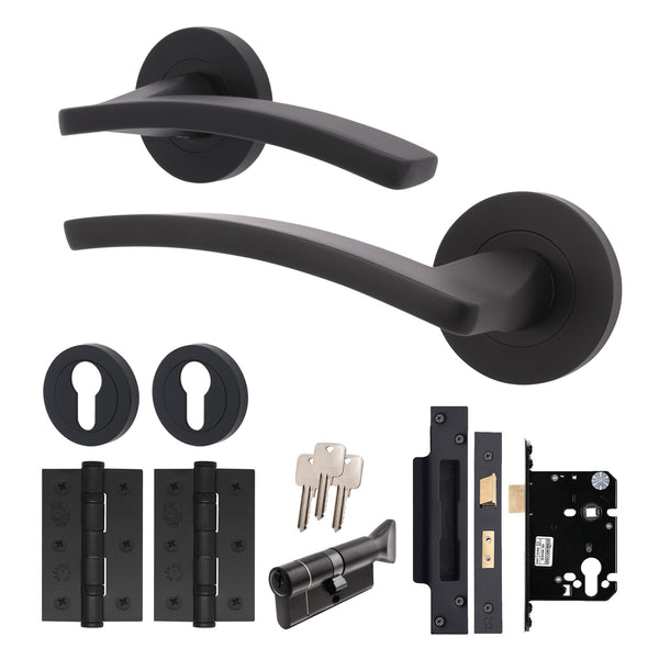 Euroda - Plus Black Lever on Rose Door Handle Pack - 3 Lever Lock & Thumbturn Cylinder - tradefit - Featured Image