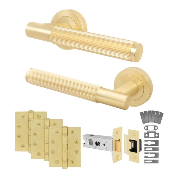 Aurora Satin Brass Lever on Rose Door Handle Kit - Medium Duty FD30/60 - 76mm Latch - Featured Image