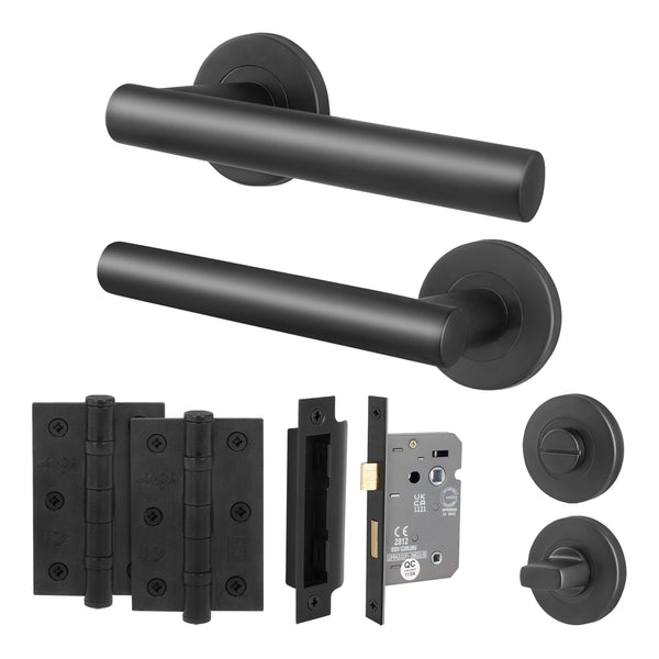 Vigo Lever on Rose Matt Black Door Handle Kit - Medium Duty - 64mm Bathroom Lock - tradefit - Featured Image